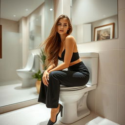 A stunning young woman with long flowing hair, wearing a stylish outfit, sitting gracefully on a modern toilet in a chic, well-decorated washroom