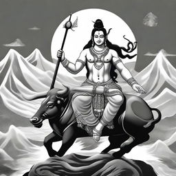 This is a black and white digital art image of the Hindu deity, Shiva, seated on a bull skin with the Himalayas in the background