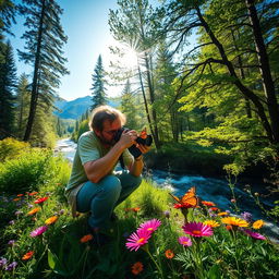 A photographer capturing stunning shots of nature in a vibrant landscape