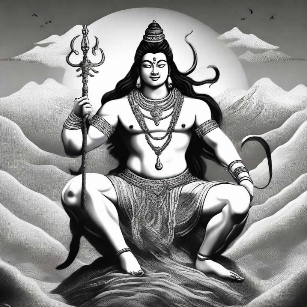 This is a black and white digital art image of the Hindu deity, Shiva, seated on a bull skin with the Himalayas in the background