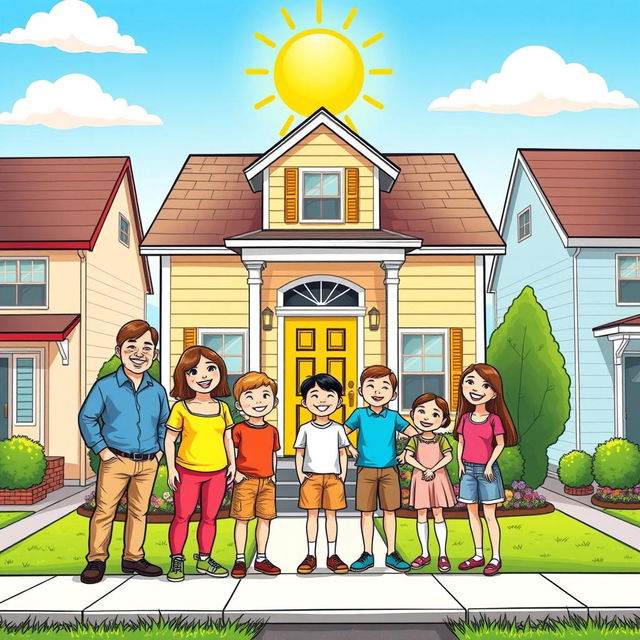 A colorful comic-style drawing of a smiling family of five standing in front of their beautifully repaired home, facing the house with happiness