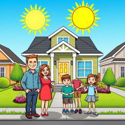 A colorful comic-style drawing of a smiling family of five standing in front of their beautifully repaired home, facing the house with happiness