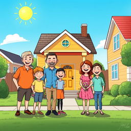 A colorful comic-style drawing of a smiling family of five standing in front of their beautifully repaired home, facing the house with happiness