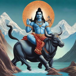 This digital art image depicts the Hindu deity, Shiva, seated on a bull skin rug with the Himalayas in the background