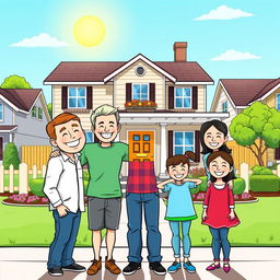 A colorful comic-style drawing of a smiling family of five standing in front of their beautifully repaired home, facing the house with happiness