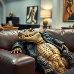 A stylish crocodile lounging comfortably on a sleek leather couch, wearing a fashionable leather jacket