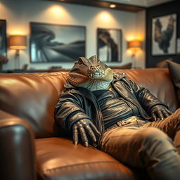 A stylish crocodile lounging comfortably on a sleek leather couch, wearing a fashionable leather jacket