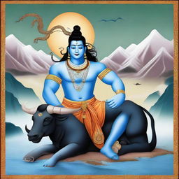 This digital art image depicts the Hindu deity, Shiva, seated on a bull skin rug with the Himalayas in the background