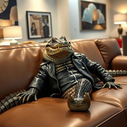 A stylish crocodile lounging comfortably on a sleek leather couch, wearing a fashionable leather jacket