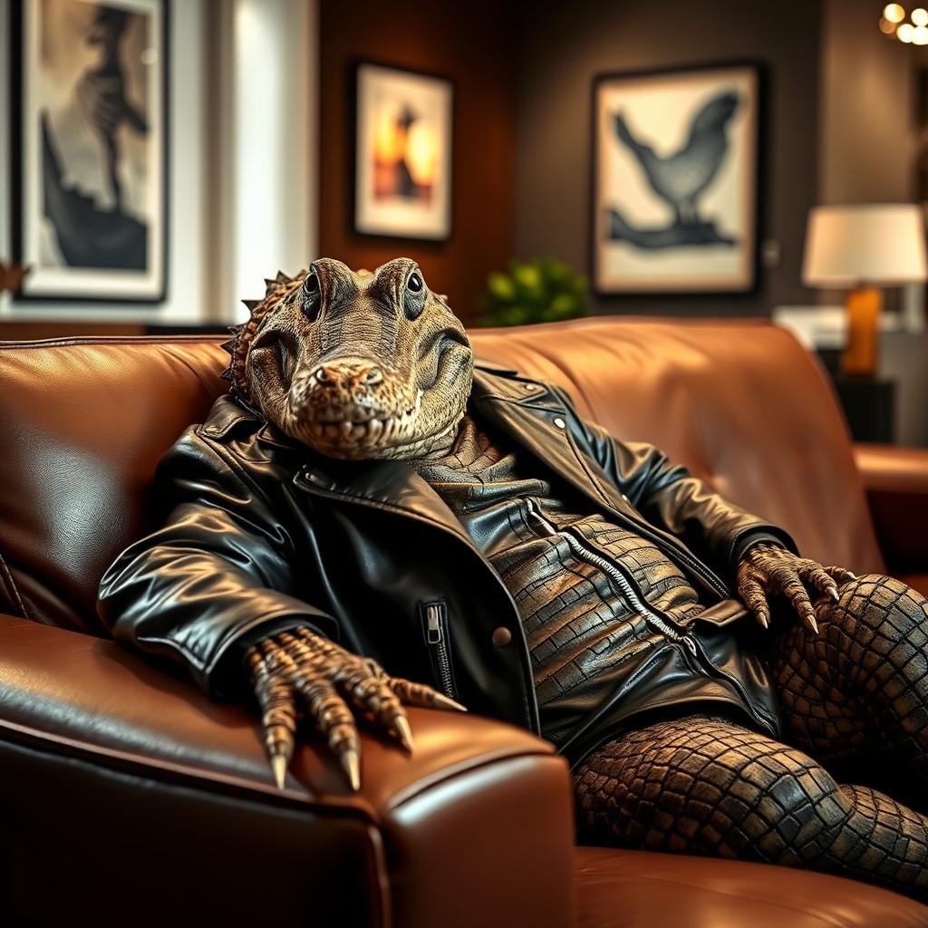 A stylish crocodile lounging comfortably on a sleek leather couch, wearing a fashionable leather jacket