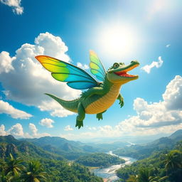 A whimsical scene of a crocodile soaring elegantly through a bright blue sky, surrounded by fluffy white clouds