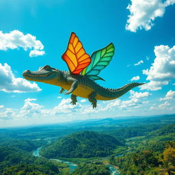 A whimsical scene of a crocodile soaring elegantly through a bright blue sky, surrounded by fluffy white clouds