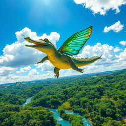 A whimsical scene of a crocodile soaring elegantly through a bright blue sky, surrounded by fluffy white clouds