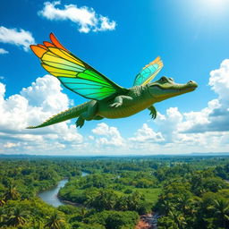 A whimsical scene of a crocodile soaring elegantly through a bright blue sky, surrounded by fluffy white clouds
