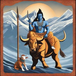 This digital art image depicts the Hindu deity, Shiva, seated on a bull skin rug with the Himalayas in the background