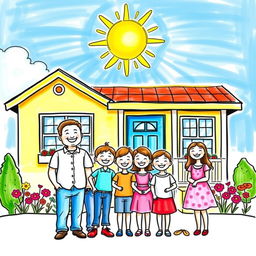 A colorful drawing of a smiling family standing in front of their beautifully repaired home, radiating happiness
