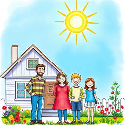 A colorful drawing of a smiling family standing in front of their beautifully repaired home, radiating happiness