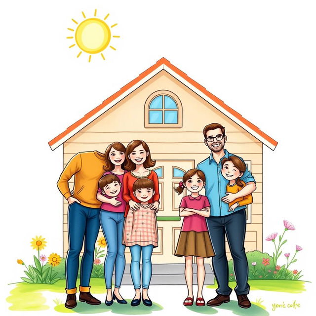 A colorful drawing of a smiling family standing in front of their beautifully repaired home, radiating happiness