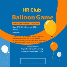 A professional event flyer for a college HR Club activity titled 'HR Club - Balloon Game'