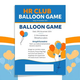 A professional event flyer for a college HR Club activity titled 'HR Club - Balloon Game'