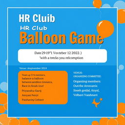 A professional event flyer for a college HR Club activity titled 'HR Club - Balloon Game'