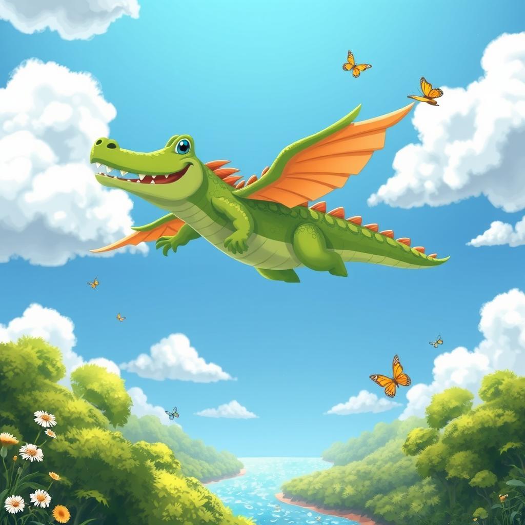 A whimsical crocodile soaring through a bright blue sky, surrounded by fluffy white clouds