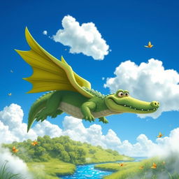 A whimsical crocodile soaring through a bright blue sky, surrounded by fluffy white clouds