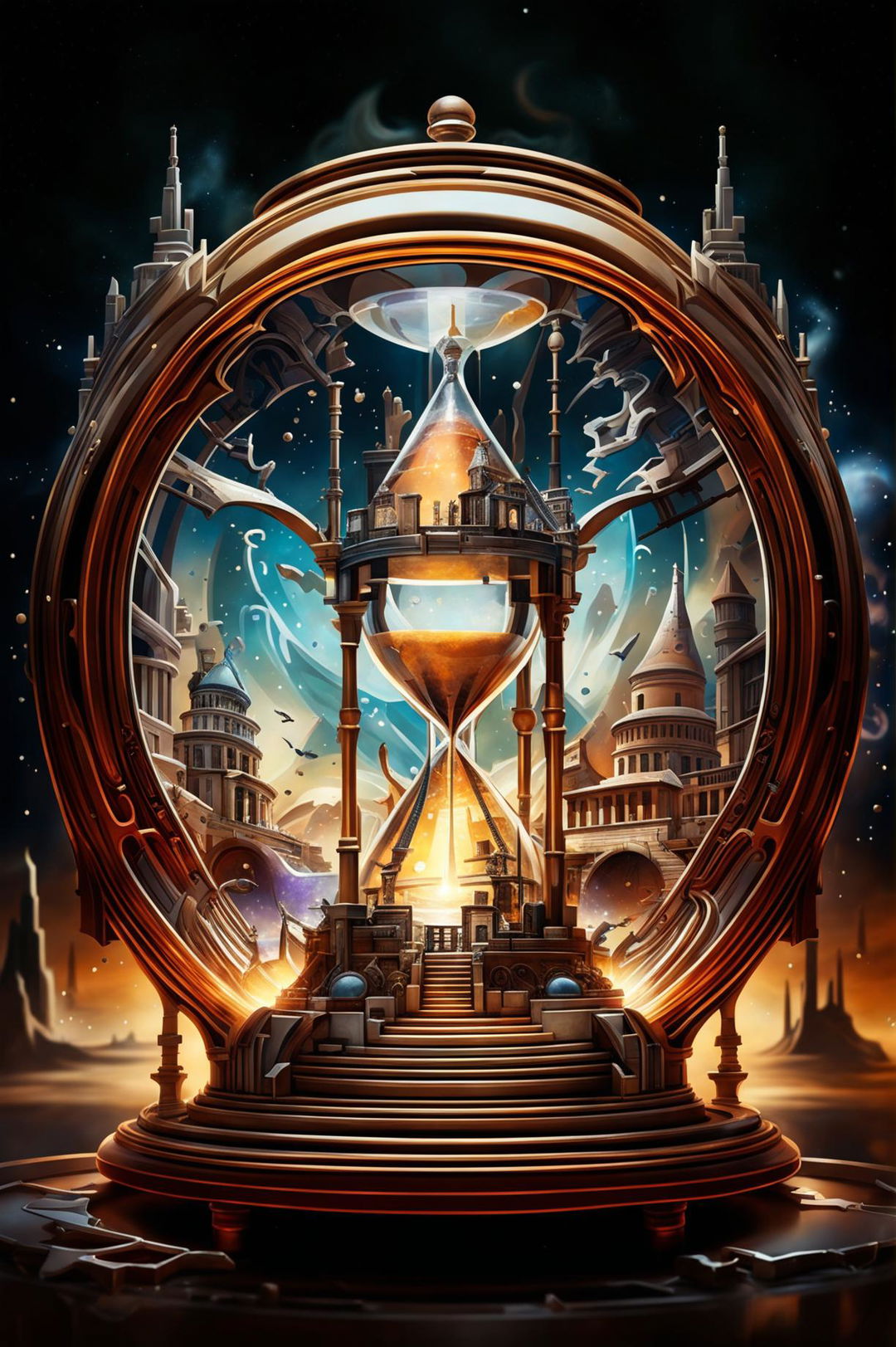 A digital art image representing the concept of transcending time, featuring an hourglass encased in a time vortex, surrounded by symbols of different historical eras, against a cosmic background