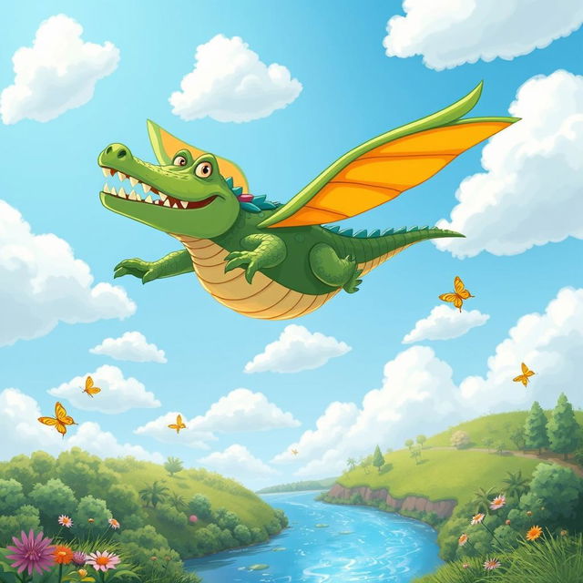 A whimsical crocodile soaring through a bright blue sky, surrounded by fluffy white clouds