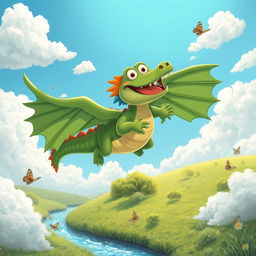 A whimsical crocodile soaring through a bright blue sky, surrounded by fluffy white clouds
