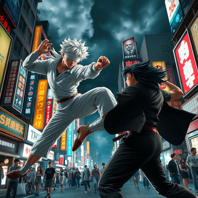 In a dynamic scene, Gojo Satoru, characterized by his white hair and blindfold, is in an intense fight against Suguru, who has dark hair and a serious expression