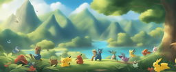 This is a high-quality digital art wallpaper featuring a lively scene from the Pokemon universe