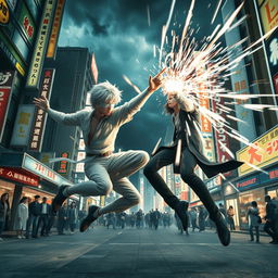 In a dynamic scene, Gojo Satoru, characterized by his white hair and blindfold, is in an intense fight against Suguru, who has dark hair and a serious expression