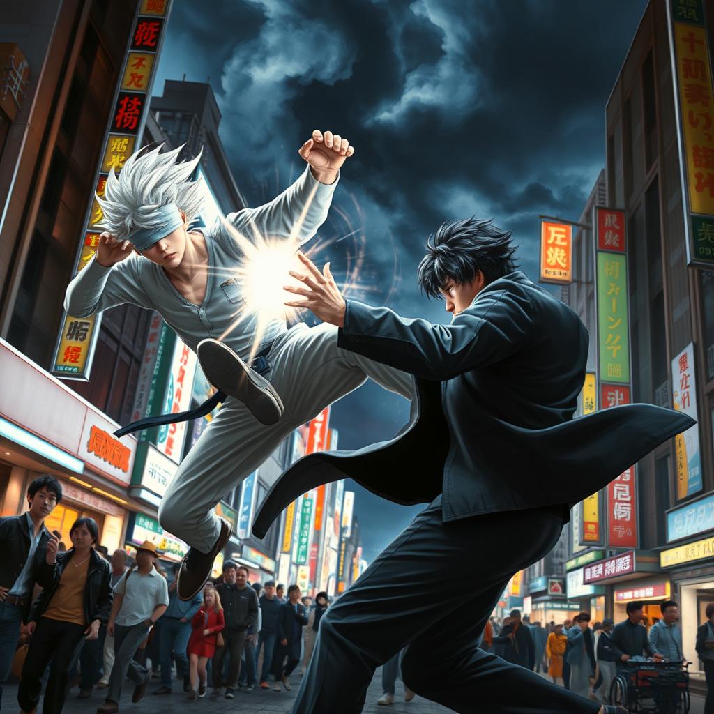 In a dynamic scene, Gojo Satoru, characterized by his white hair and blindfold, is in an intense fight against Suguru, who has dark hair and a serious expression