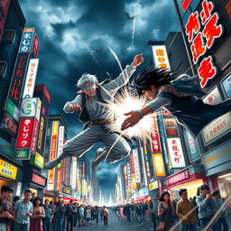 In a dynamic scene, Gojo Satoru, characterized by his white hair and blindfold, is in an intense fight against Suguru, who has dark hair and a serious expression