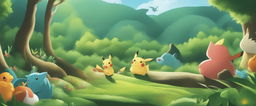 This is a high-quality digital art wallpaper featuring a lively scene from the Pokemon universe