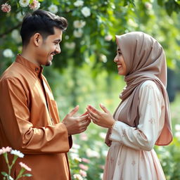 A serene scene featuring a respectful man and a pious woman engaged in a meaningful conversation
