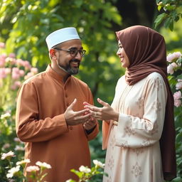 A serene scene featuring a respectful man and a pious woman engaged in a meaningful conversation