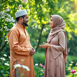 A serene scene featuring a respectful man and a pious woman engaged in a meaningful conversation