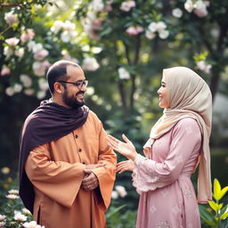 A serene scene featuring a respectful man and a pious woman engaged in a meaningful conversation