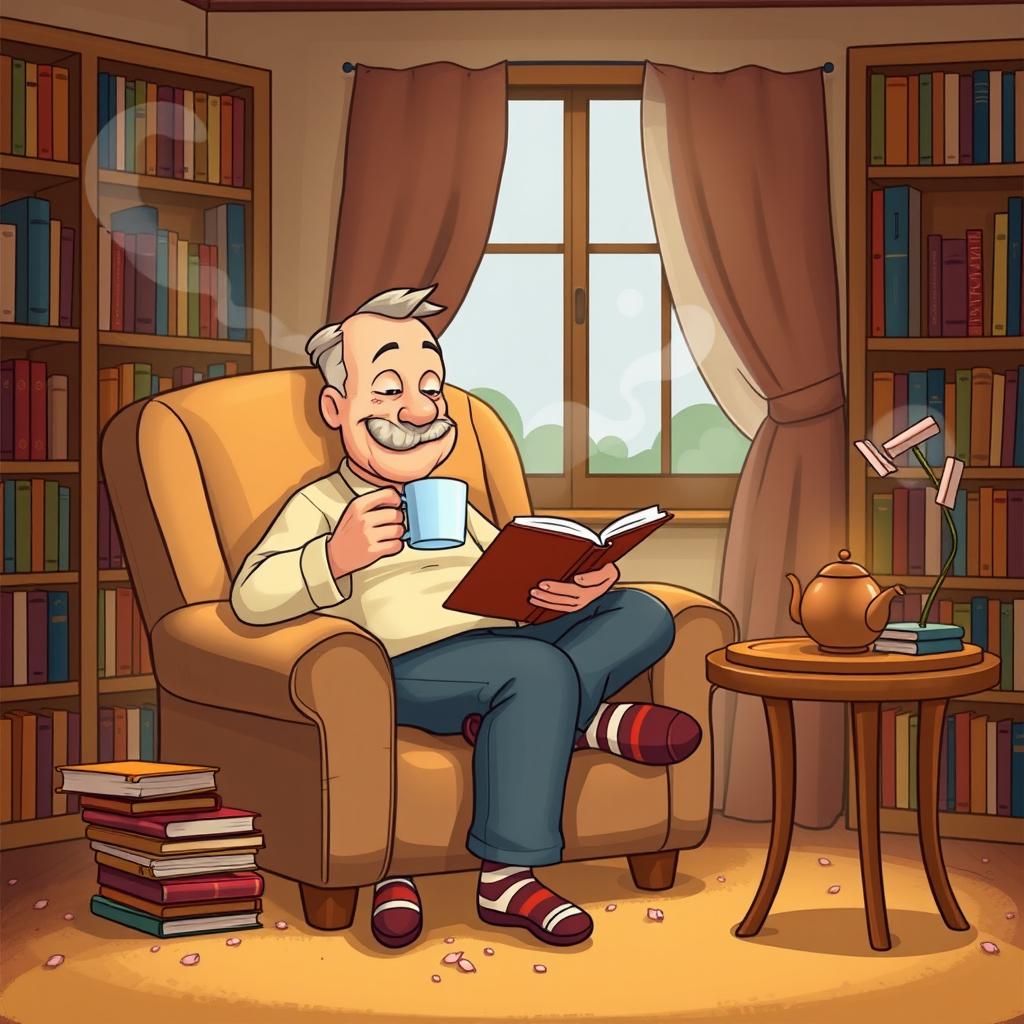 A cozy and inviting scene showcasing Jerry, a middle-aged man with a gentle smile, sitting comfortably in a plush armchair surrounded by a warm atmosphere