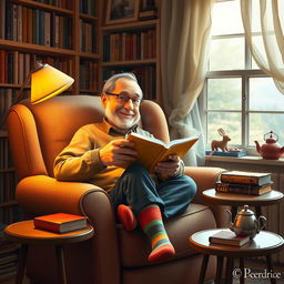 A cozy and inviting scene showcasing Jerry, a middle-aged man with a gentle smile, sitting comfortably in a plush armchair surrounded by a warm atmosphere