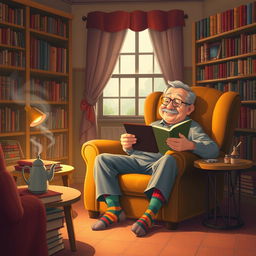 A cozy and inviting scene showcasing Jerry, a middle-aged man with a gentle smile, sitting comfortably in a plush armchair surrounded by a warm atmosphere