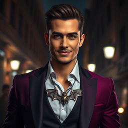 A stylish, confident man wearing a bat necklace that's elegantly hanging from his neck