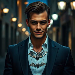 A stylish, confident man wearing a bat necklace that's elegantly hanging from his neck