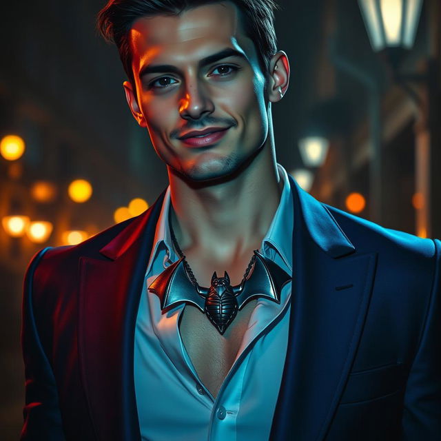 A stylish, confident man wearing a bat necklace that's elegantly hanging from his neck