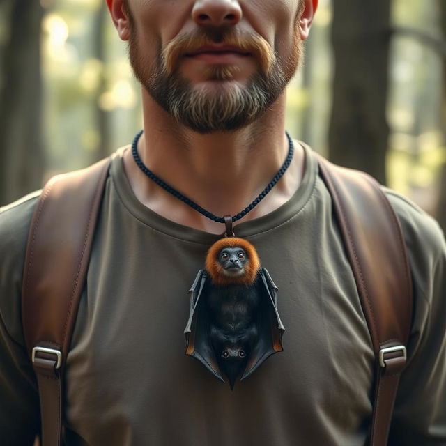 A bold, adventurous man wearing a real bat as a necklace, hanging from his neck in a natural pose