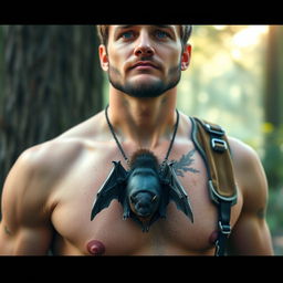 A bold, adventurous man wearing a real bat as a necklace, hanging from his neck in a natural pose