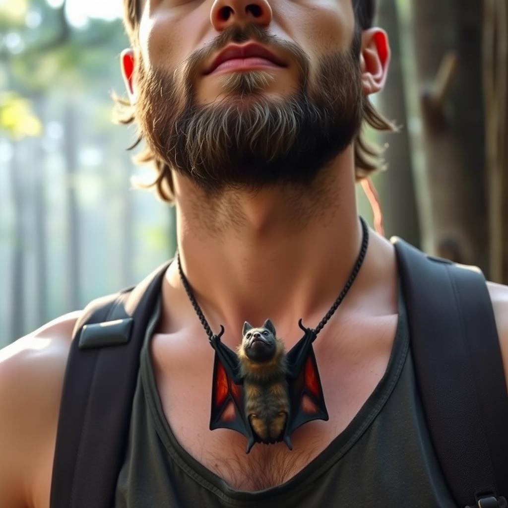 A bold, adventurous man wearing a real bat as a necklace, hanging from his neck in a natural pose