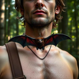 A rugged man showcasing a real bat as a necklace, elegantly hanging from his neck